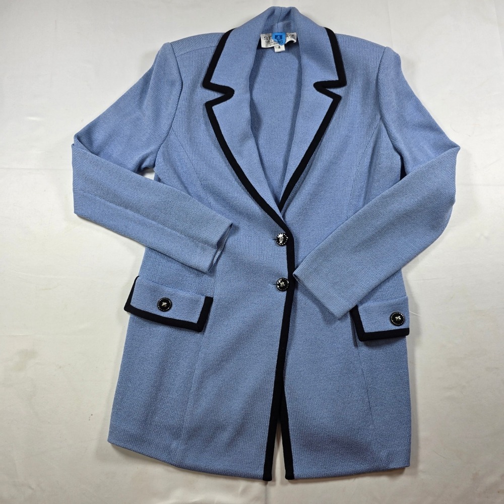 St John Collection Marie Gray Blue Knit Blazer Black Trim Size 4 Santana Knit